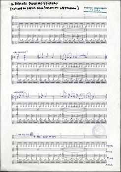 Andrea Centazzo, Il presente prossimo venturo, 1990, partitura, stampa da file elettronico su fogli a modulo continuo