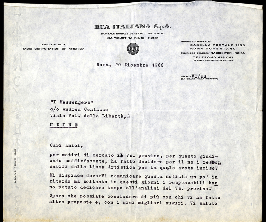 Lettera di rifiuto della casa discografica RCA, 1966, dattiloscritto