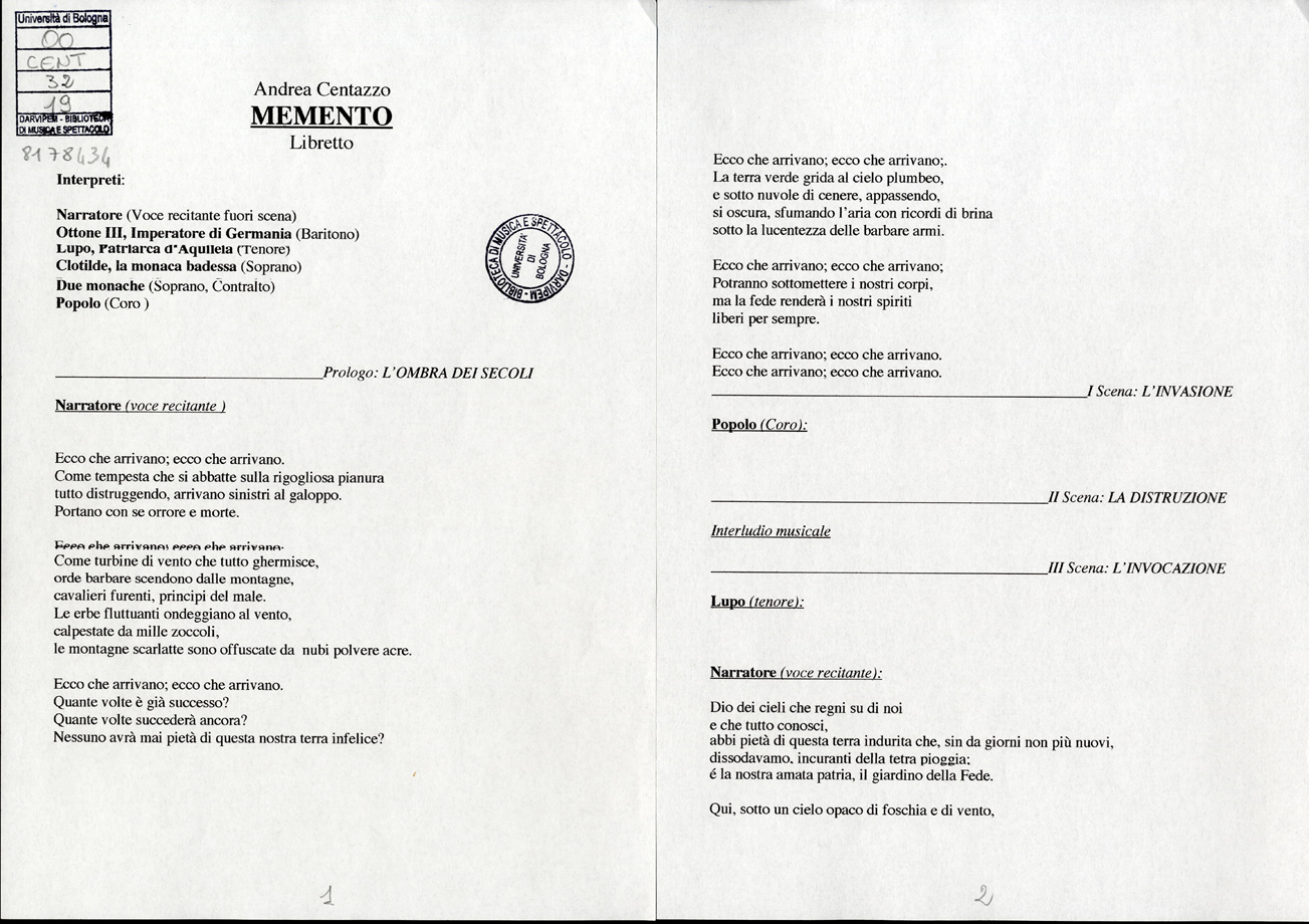 Andrea Centazzo, Memento, 2000, libretto