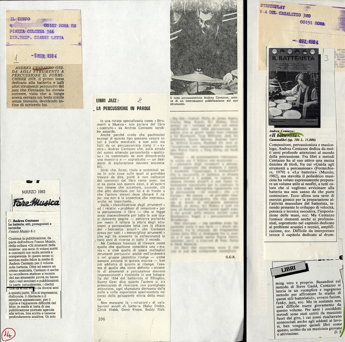 Scritti di Andrea Centazzo sulle percussioni, rassegna stampa, 1983-1984