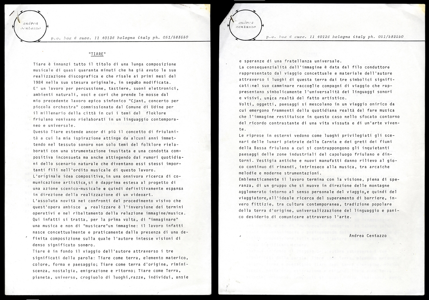 Tiare, testo di presentazione, 1984